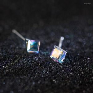 Stud Earrings 5mm 6mm Small Real. 925 Sterling Silver Colored Crystal Faceted-Cut Square Piercing Ear Ear-Bone Jewelry C-E4840