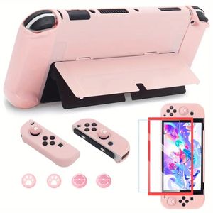 Cute Dockable Case For Nintendo Switch OLED Protective Handle Skin Cover With Tempered Glass Screen Protector, 4pcs Thumb Stick Cover (Pink)