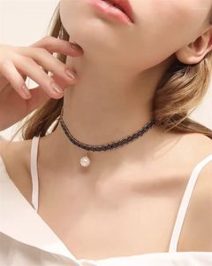 Anhänger Halsketten Schwarz Doppel Gewebte Spitze Choker Halskette Für Frauen Mode Sexy Perle Mit Goth Mädchen Hals Schmuck Zubehör