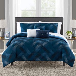 Sängkläder sätter myster i Navy Plaid 10 -bitsäng i en påsarvägg med Sheets Queen 230802