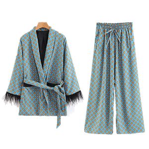 Women's Two Piece Pants Pink Blue Blazer Set Women Fashion Print Suit Jacket With Feather Sleeves Elastic Band Wide Leg Pants Two Piece Outfits Ladies 230802