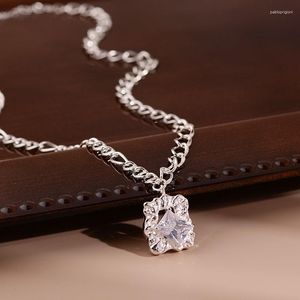 Pendants 925 Sterling Silver Rectagle CZ Chain Choker Necklace For Women Wide Fine Jewelry Wedding Party Birthday Gift