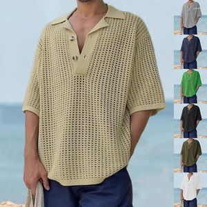 Мужские свитера 2023 летняя v-образное обработка полая трикотажная мода свободная футболка с коротким рукавом большого размера