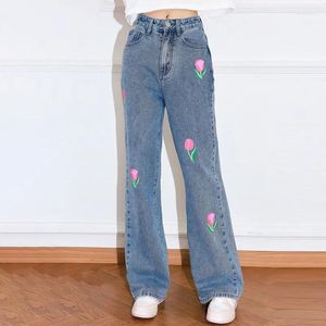 Women's Jeans Korea Style Flower Pattern Baggy Women Spring Autumn Commuting Trousers High Waist Wide-leg Y2k Streetwear Pants