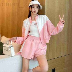 Women's Two Piece Pants Designer letter printed color blocking long sleeved sun protection windbreaker for women+A-line loose straight shorts set, lightweight