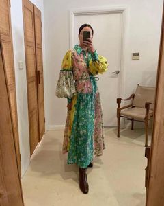 Sukienki swobodne Fyion Runway Long Women 2023 Sleeve Vestidos para Mujer Floral Print Szata lniana świąteczna elegancka projektant