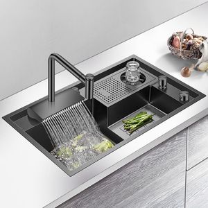 Nanometer Stepped Kitchen Sink 304 Rostfritt stål 4mm tjocklek Handgjord handfat Högtryckskopp Rinser Waterfall Facet Sinks