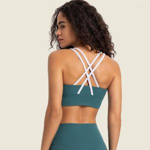 Yoga Outfit SPR Strisce a coste a contrasto Tracolla incrociata Reggiseno sportivo Orlo allargato da donna Esercizio da palestra antiurto ad alta resistenza