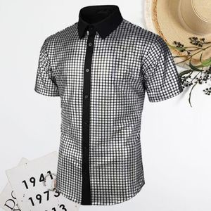 Camisetas masculinas Camisa de desempenho masculina Ajuste solto Lantejoulas refletivas brilhantes Anos 70 Disco Club Estilo vintage Gola aberta