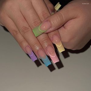 False Nails 24PCSプレスカラフルなフレンチスクエアフェイクロングバレエフィニッシュマニキュアフルカバーネイルチップウェアラブル