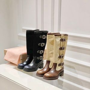 New Buckle Detailed Slip-On Knee Boots Round toe pumps heels for girls women luxury designer Fashion Booties Suede leather sole shoes factory footwear Size 35-40