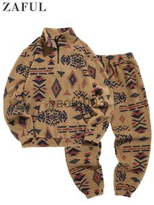 Herrspårsugnar Zaful Tracksuit For Men Faux Sherpa Turtleneck Hoodie med byxor Set Ethnic Aztec Fuzzy Sweatshirts With Beam Feet Pant Suit J230803