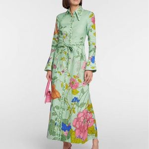 Avustralyalı Tasarımcı Elbise Erken Sonbahar Kadın Tasarımcı Giyim Yeni Stil Keten Baskı Yeşil Gömlek Elbise 8