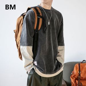 Mens Hoodies Sweatshirts Japanese Streetwear Fake Two Fashion Round Neck Loose Pullover Men Clothing Harajuku Top Hip Hop Casual Clothes 230802