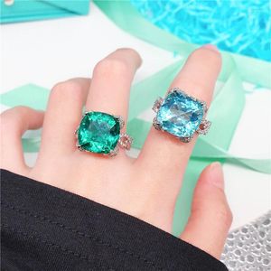 Cluster Rings Chegada Prata 925 Sterling Ring Women Jewelry Gift Clear Crystal Blue Green Square For Lady Bride Wedding Accessories