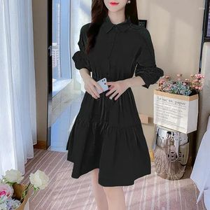 Casual Dresses Spring/Summer Shirt Women Korean Löst snörning med beskurna ärmar spetsstitching A-Word Dress Female 2024