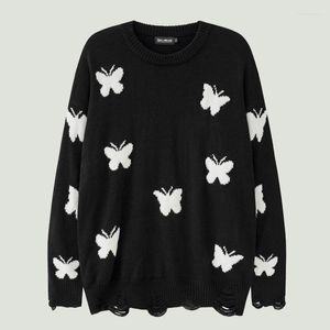 Herrtröjor Streetwear Holes Sticked Mens Harajuku Butterfly Graphic Printed Jumpers Overdimensionerade Casual O-Neck Loose Pullover Couples