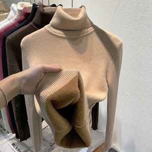 Women's Sweaters Thicken Warm Turtleneck Sweater Women Winter Solid Knitted Velvet Plush Fleece Lined Top Sueter Pullover Knitwear Jumper 230803