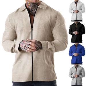 Herrjackor 2023 Summer Mens Coat Waffle Solid Zipper Long Sleeve Jacket Casual Polo Cardigan