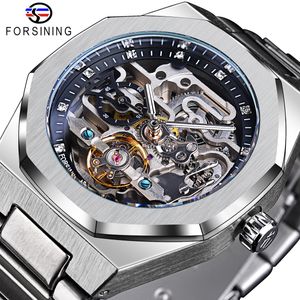 Wristwatches Forsining Casual Automatic Watch 3D Diamond Skeleton Hollow Mens Luminous Military Watches Montre Homme 230802