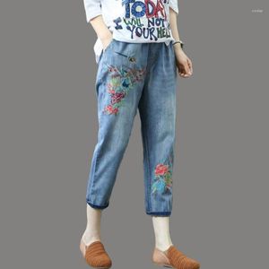 Kvinnors jeans 2023 Löst höga midja Slim Croped Flower Brodery Elastic Strap Casual Pants for Women