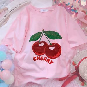 T-shirt da donna Cherry Kawaii T-shirt con stampa Abbigliamento donna Harajuku Estetica Top rosa Tshirt Kpop Summer Fashion Y2k T-shirt donna 230802