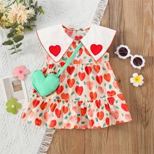 Girl Dresses Summer Baby Girls' Dress 2 Pieces/Set Free Bag Sweet Oil Painting Love Embroidery Large Polo Collar Sleeveless Cotton Daily