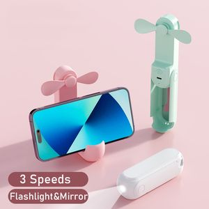 1500mAh Portable Mini Handheld Fan Collapsible USB RECHARGABEABLE Small Pocket Fans Tyst fällbart kontor Hem Handy Cooler With Ficklight Mirror Feature