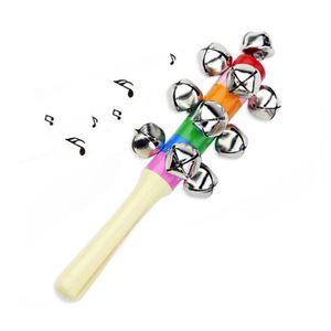 18cm impreza faworyzuje grzechotki Jingle Bells Wooden Stick Style Rainbal Hand Shake Sound Bell Baby Educational Tob