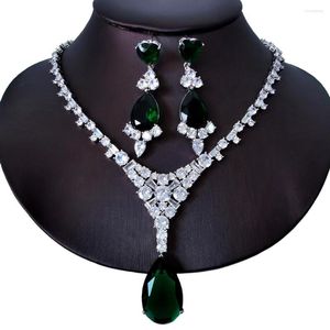 Conjunto de brincos colar 2023 moda retrô luxo verde longa gota de água zircão noiva vestido de casamento brinco banquete jóias