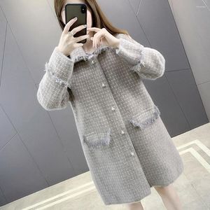 Cappotto in lana di velluto di visone in pelliccia da donna autunno inverno caldo giacca cardigan scozzese scozzese grigio lungo in lana spessa stile coreano