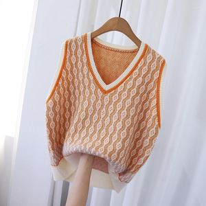 Women's Sweaters Women Sweater Vest V-neck Print Retro All-Match Knit Sleeveless Korean Loose Ladies Casual Fashion Vintage Leisure