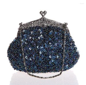 Evening Bags Navy Blue Ladies' Beaded Sequined Wedding Bag Clutch Handbag Bridal Party Makeup Purse 03162-G