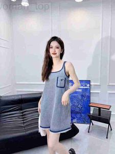 Basic & Casual Dresses Designer 2023 Summer New P Family Simple Letter embellishment Ragged Denim Tank Top Dress Versatile A-line Short Skirt 7JIN