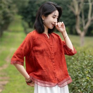 Damenblusen Johnature Frauen Stickerei Ramie Shirts V-Ausschnitt Kurzarm Tops 2023 Sommer Einfarbig Patchwork Organza