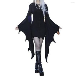 Casual Dresses Vampires Costume Dress Halloween Dark Style With Batwing Sleeves Irregular Cuff Lace-up Detail For Party