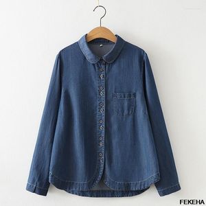 Kvinnors blusar kvinnor jean skjortor blå knapp lång ärm denim lady toppar kvinnliga kläder koreansk stil