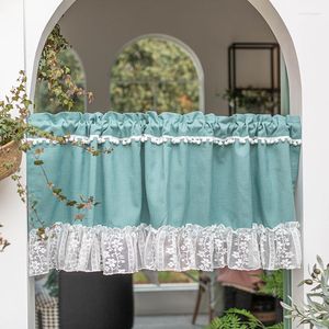 Curtain Thicken Short Kitchen Curtains For Bathroom Cupboard Door With Lace Blue Half Pompom Window Valance Decor