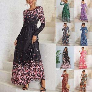 Kvinnors kläder tryck blomma långärmad klänning
