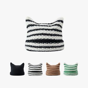 Gorros de tricô com orelhas de gato lindos para mulheres, boné casual listrado de inverno, touca de cabelo quente, faixa de cabelo gorro