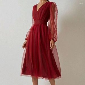 Casual Dresses Sexig Bourgogne Midi Wedding Dress for Women Elegant Puff Long Sleeve Evening Party Gown Ladies Patchwork Tulle Graduation