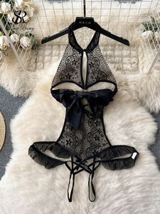 Sexy Skirt SINGREINY Bow Halter Sheer Playsuits Retro Hollow Out Erotic Slim Rompers Open crotch Women Sexy Backless Lace Lingerie Bodysuit 230803
