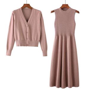 Early Autumn Long Sleeved Sweater Dress Two Piece Woolen Skirt Loose Knitted Cardigan For Women