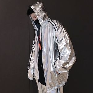 Erkek Ceketler Gümüş Metalik Kapşonlu Ceket Hip Hop Caz Sahne Gösterisi Boy's Ceket Sadece Ceket 230802
