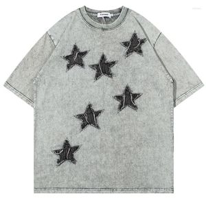 Мужские рубашки T Hip Hop Emelcodery Star Star Patch Tshirt 2023 Harajuku Unisex Punk Gothic Tee Lake Washed Top Vintage Fuse Streetwear