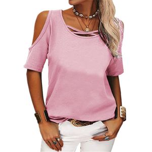 Women's T-Shirt Women y2k Short Sleeve T Shirts XL XXL XXXL XXXXL 5XL Oversize Solid Cold Shoulder Fashion Pink Tops Clothes 230802