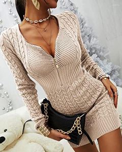 Skirts 2023 Fall Winter Fashion Women Daily Work Mini Dress V-Neck Elegant Skinny Long Sleeve Zipper Front Cable Knit Sweater