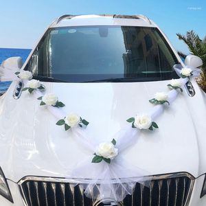 Flores decorativas branco/rosa vermelha flor artificial kit de decoração de carro de casamento decorações de noiva românticas fitas falsas de seda maçaneta da porta