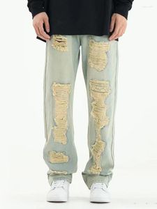 Мужские джинсы мода осень Осень вымытая белая персонализированная отверстие для патч -ткани повседневная джинсовая сплошная лостота Y2K Men
