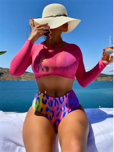 Women's Swimwear Sexy Pink Leopard Print Bikini Set Women Long Sleeve Cover Up 3 Piece Swimsuit Bathing Suit Tie Dye High Waist Swimwear 230803